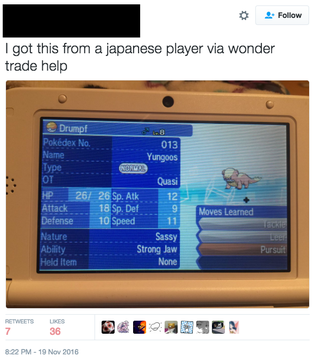 Illustration for article titled Pokemon Sun and Moon's Wonder Trade Is Full of Monsters Named Donald Trump